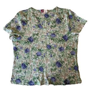 JM‎ Collection Green/Blue Blouse Womens XL Short Sleeve V Neck Crinkle Polyester